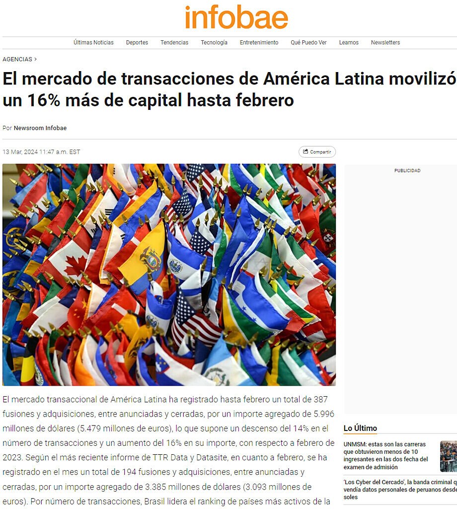 El mercado de transacciones de Amrica Latina moviliz un 16% ms de capital hasta febrero